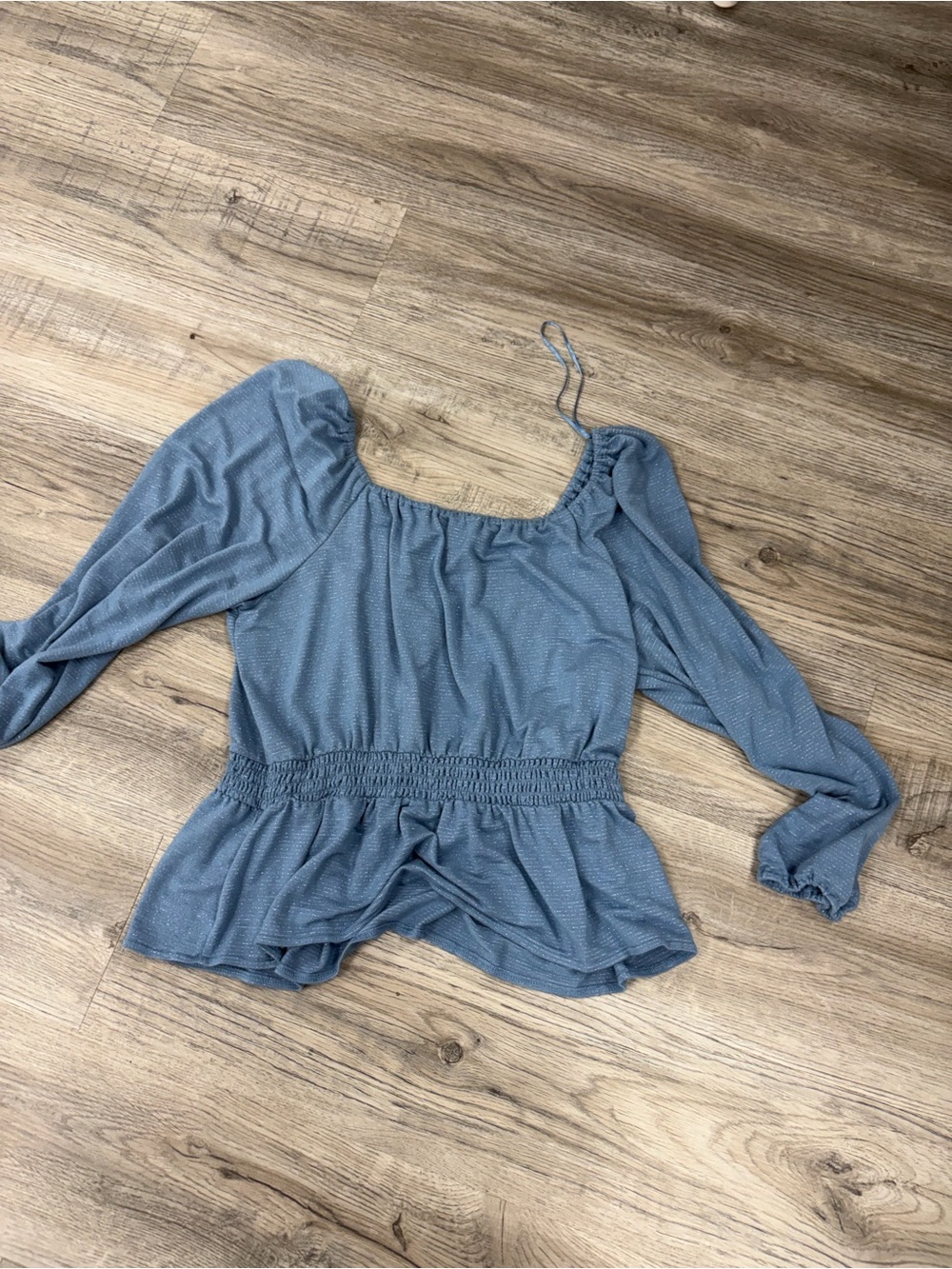 LC Lauren Conrad Dusty Blue Square-Neck Smocked Peplum Blouse
